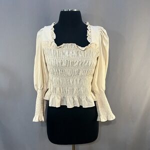 Milk & Honey Cropped Top Womens Large Beige Smocked Square Neck Puff Sleeve